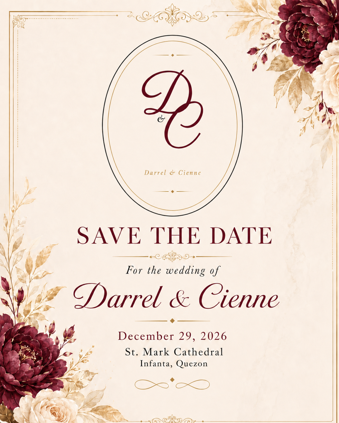 Darrel and Cienne save the date for December 29, 2026